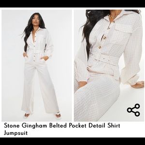Stone Gingham Belted Pocket Detail Shirt Jumpsuit